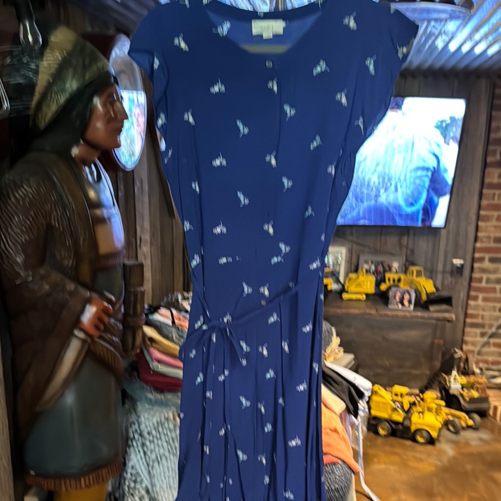 LOFT Blue and White Flutter Sleeve Midi Sundress